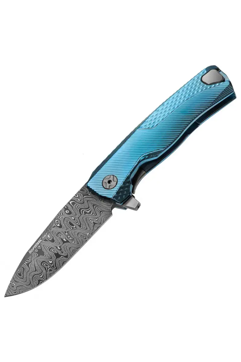 Nóż składany LionSteel ROK Blue Titanium, Chad Nichols Scrambled Damascus (ROK DD BL)