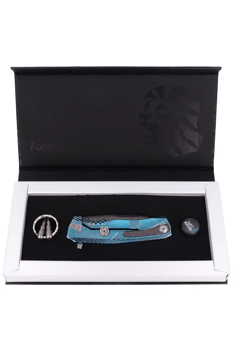 Nóż składany LionSteel ROK Blue Titanium, Chad Nichols Scrambled Damascus (ROK DD BL)