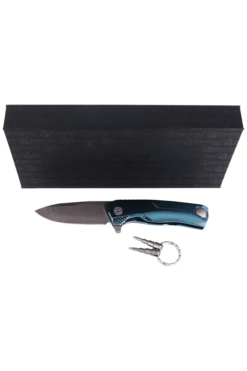 Nóż składany LionSteel ROK Blue Titanium, Chad Nichols Scrambled Damascus (ROK DD BL)