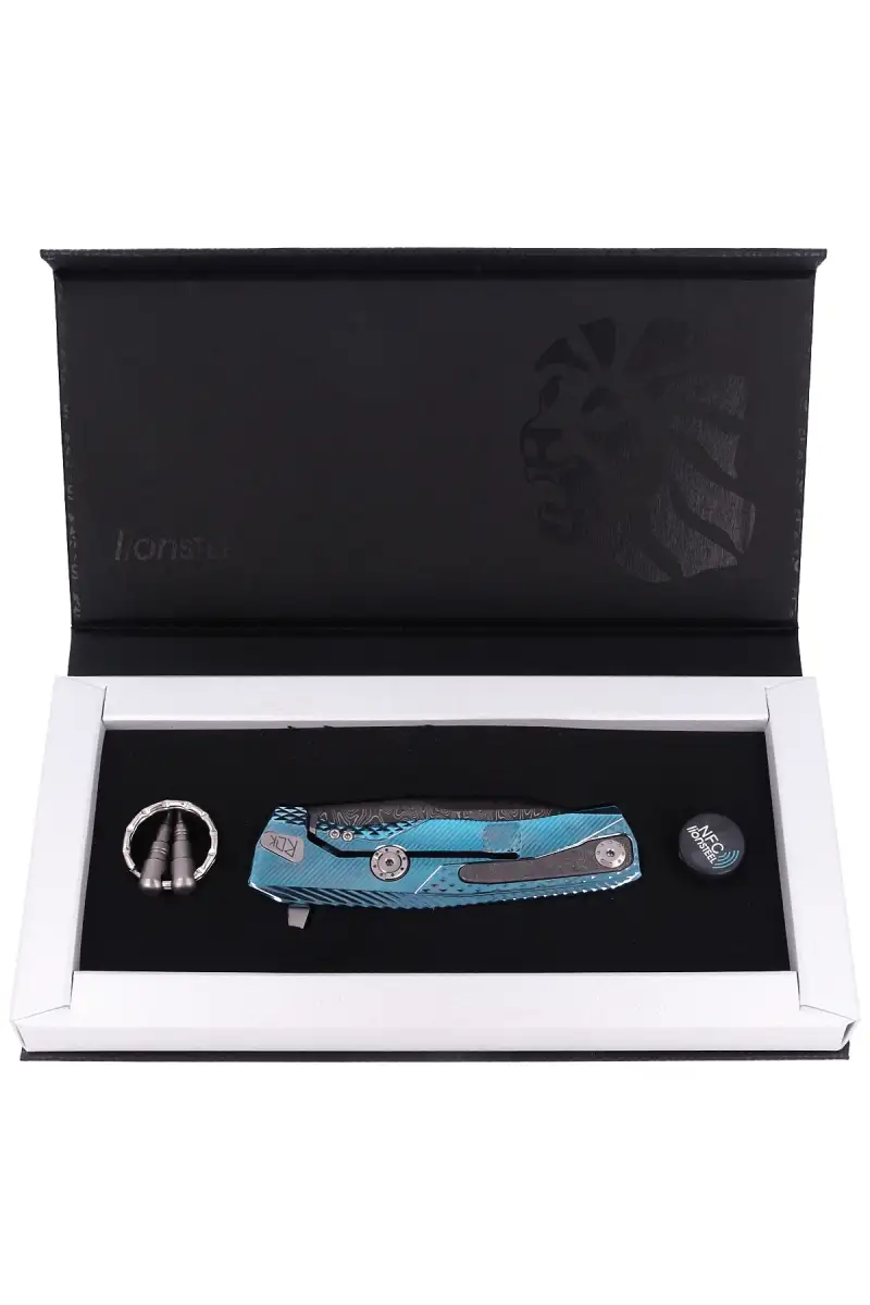 Nóż składany LionSteel ROK Blue Titanium, Chad Nichols Scrambled Damascus (ROK DD BL)